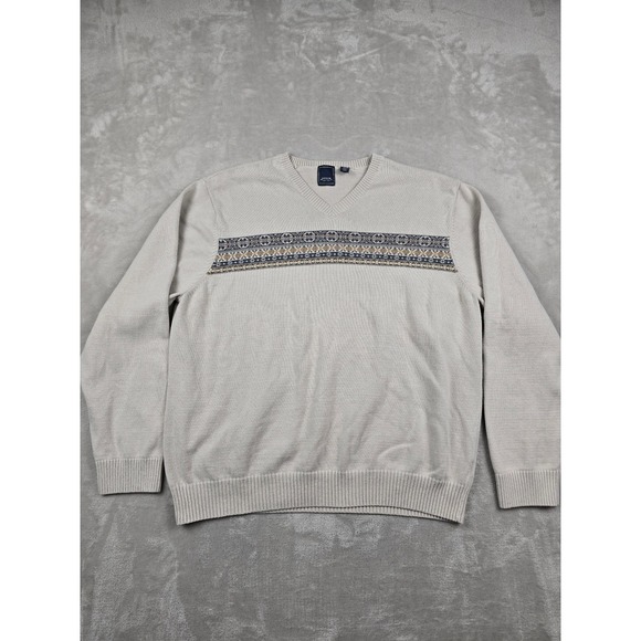 Arrow Other - Arrow Sweater Men XXL Beige V-Neck Fair Isle Pattern Cotton Knit Pullover